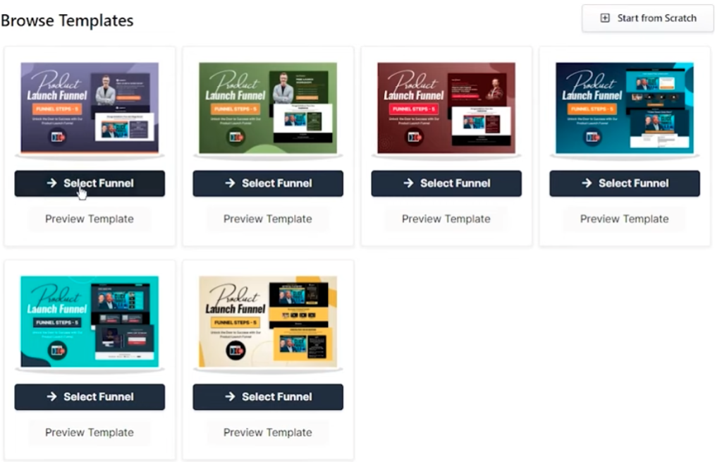 ClickFunnels Review: Screenshots of various templates available on ClickFunnels.